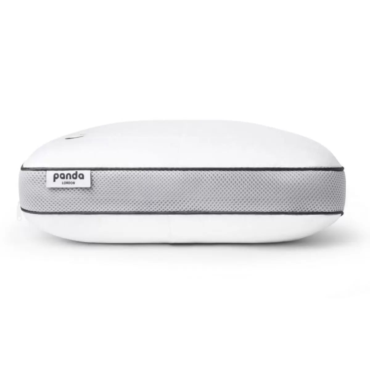 Panda Hybrid Memory Foam Pillow showcasing its white bamboo cover and distinct grey 3D mesh border on a modern bed