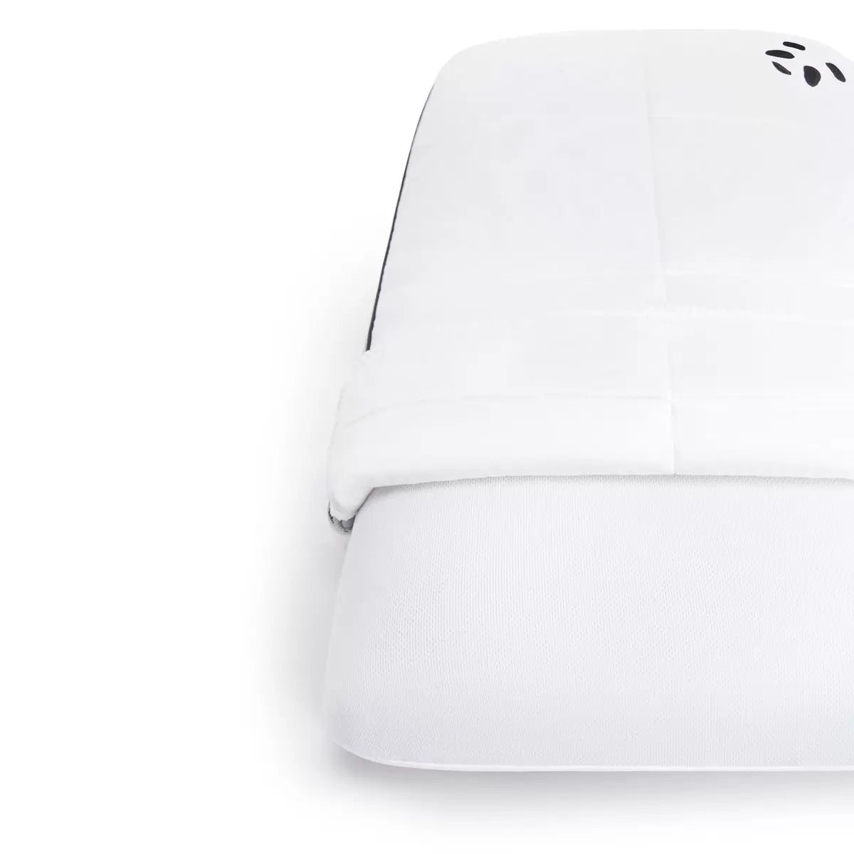 Panda Hybrid Memory Foam Pillow showcasing its white bamboo cover and distinct grey 3D mesh border on a modern bed
