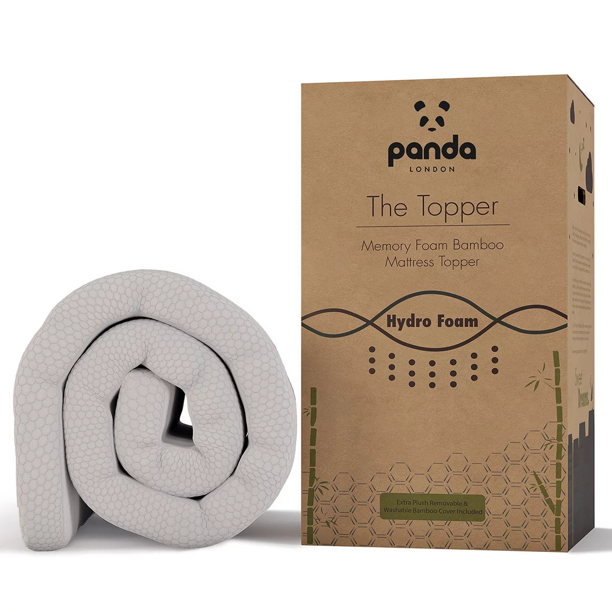 Corner view of the white Panda Memory Foam Bamboo Mattress Topper showing its textured bamboo zip cover, black anti-slip base, and elastic corner strap on a modern bed.