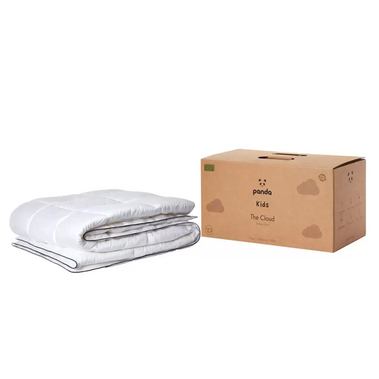 Close-up view of the silky 100% bamboo cover fabric and a durable corner loop fastener on the Panda children's duvet.