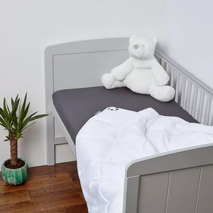 Close-up view of the silky 100% bamboo cover fabric and a durable corner loop fastener on the Panda children's duvet.