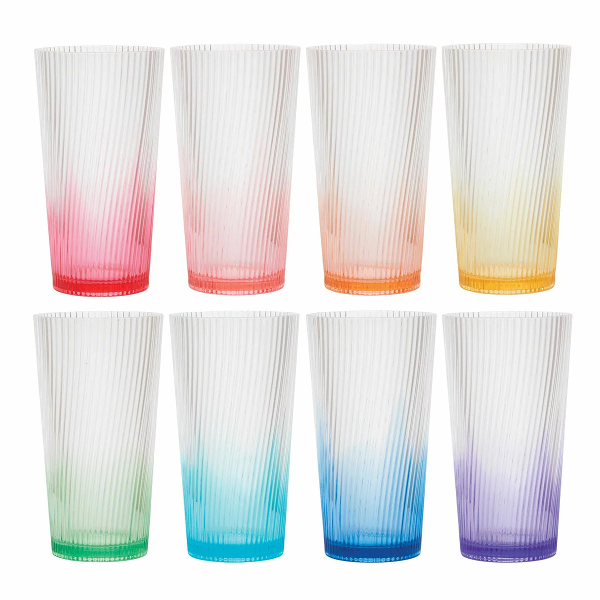 A set of eight Pandex ribbed acrylic tumblers with a vibrant ombre color gradient, arranged on an outdoor patio table, showcasing their elegant design and high-capacity size.c