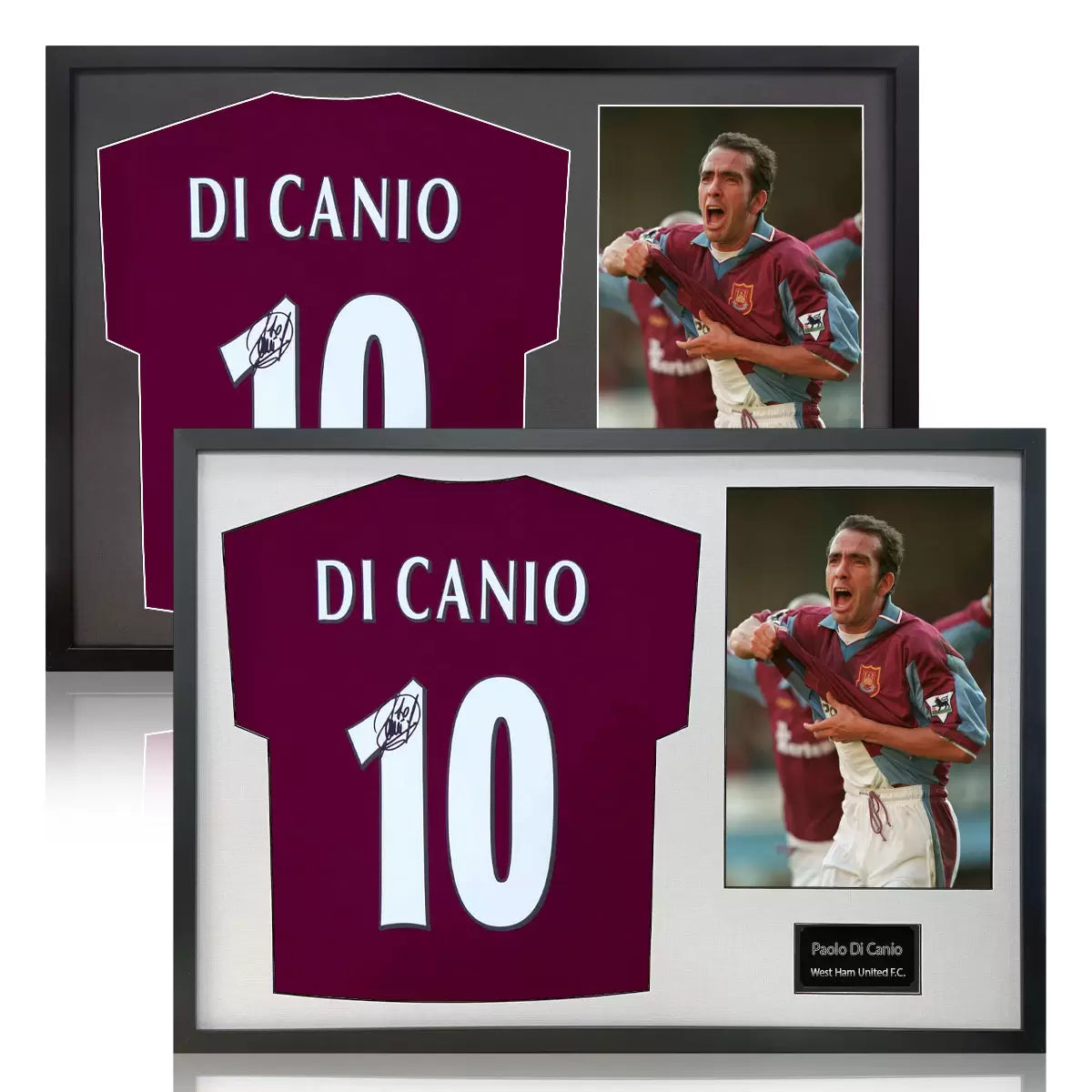 A professionally framed West Ham United jersey autographed by Paolo Di Canio, presented alongside an action photograph in a high-clarity display case.
