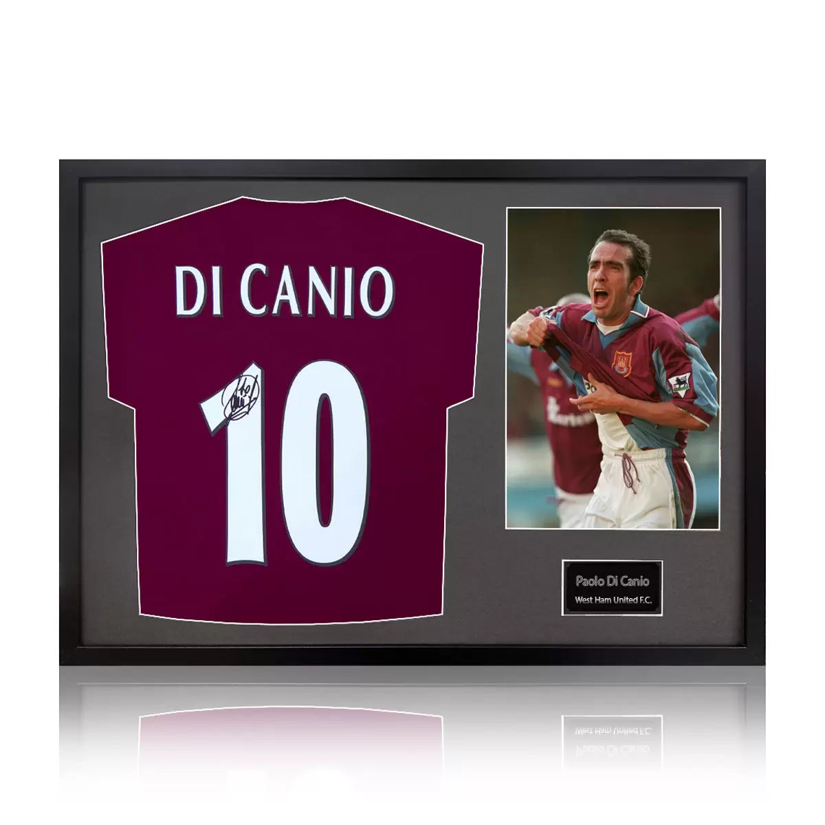 A professionally framed West Ham United jersey autographed by Paolo Di Canio, presented alongside an action photograph in a high-clarity display case.