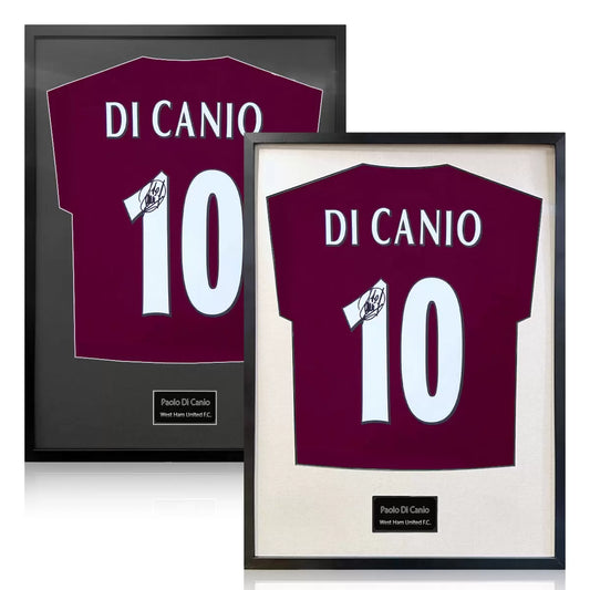 A professionally framed West Ham United football shirt autographed by Paolo Di Canio, centered in a high-clarity frame with a choice of black or white mounting.