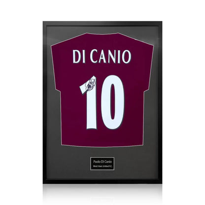 A professionally framed West Ham United football shirt autographed by Paolo Di Canio, centered in a high-clarity frame with a choice of black or white mounting.