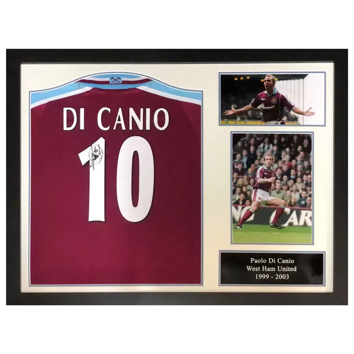 A professionally framed West Ham United jersey autographed by Paolo Di Canio, centered in an 80x60cm display case with a high-clarity protective finish.