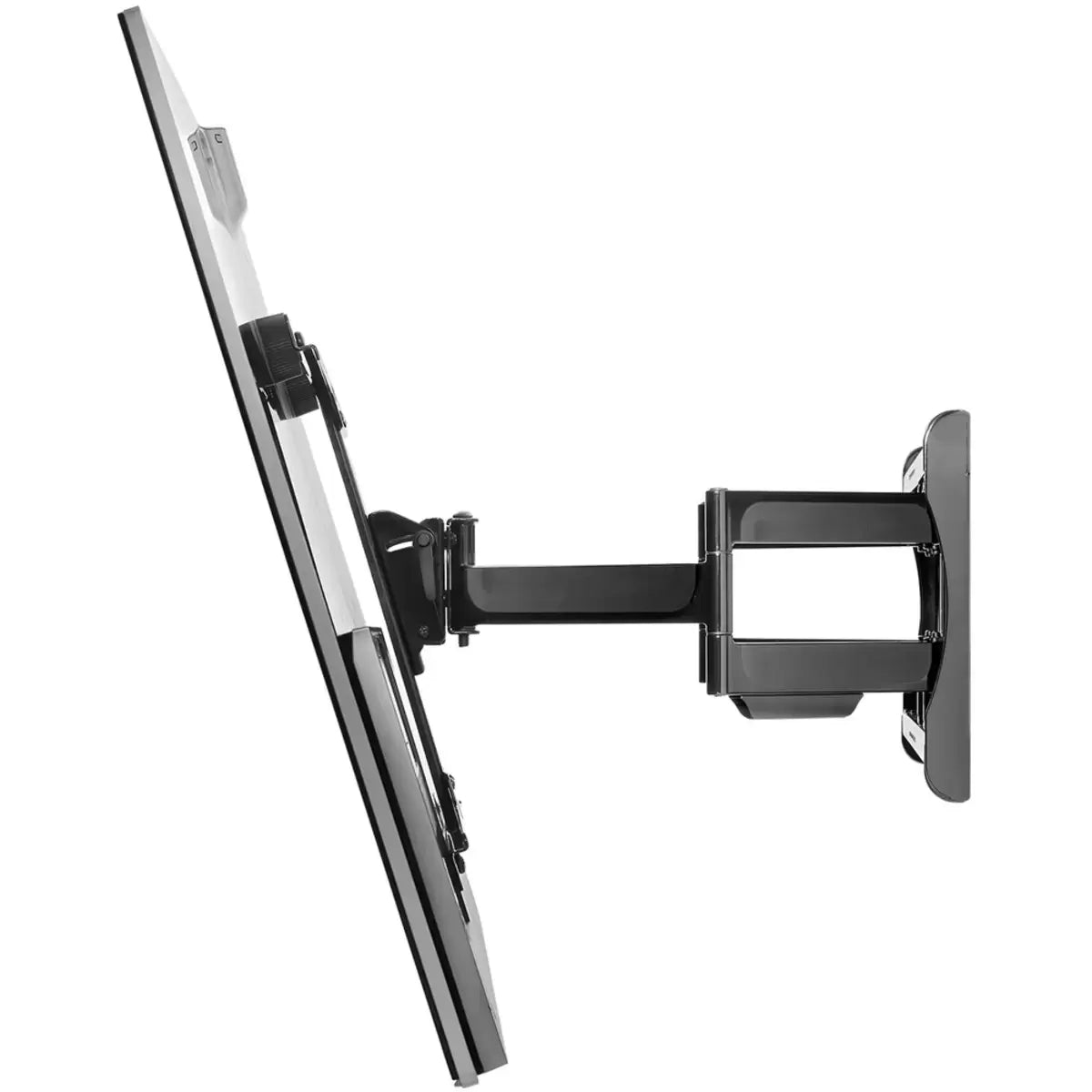 A close-up, high-angle shot of the matte black Paramount PRMA451 mount showing the sturdy articulating arm extended from a white wall, with clean, hidden cable routing visible.