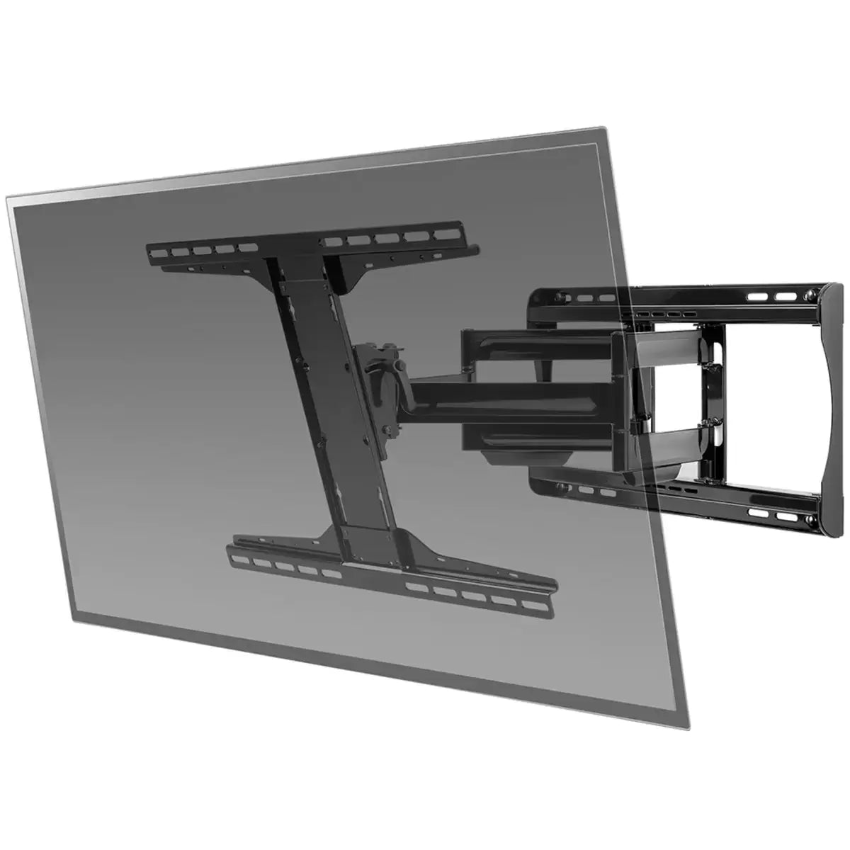 A close-up, high-angle shot of the matte black Paramount PRMA451 mount showing the sturdy articulating arm extended from a white wall, with clean, hidden cable routing visible.
