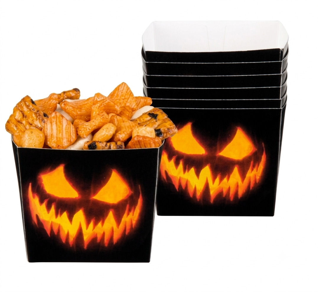 Six black paper Halloween party trays featuring orange jack-o'-lantern pumpkin faces arranged on a table with party snacks.