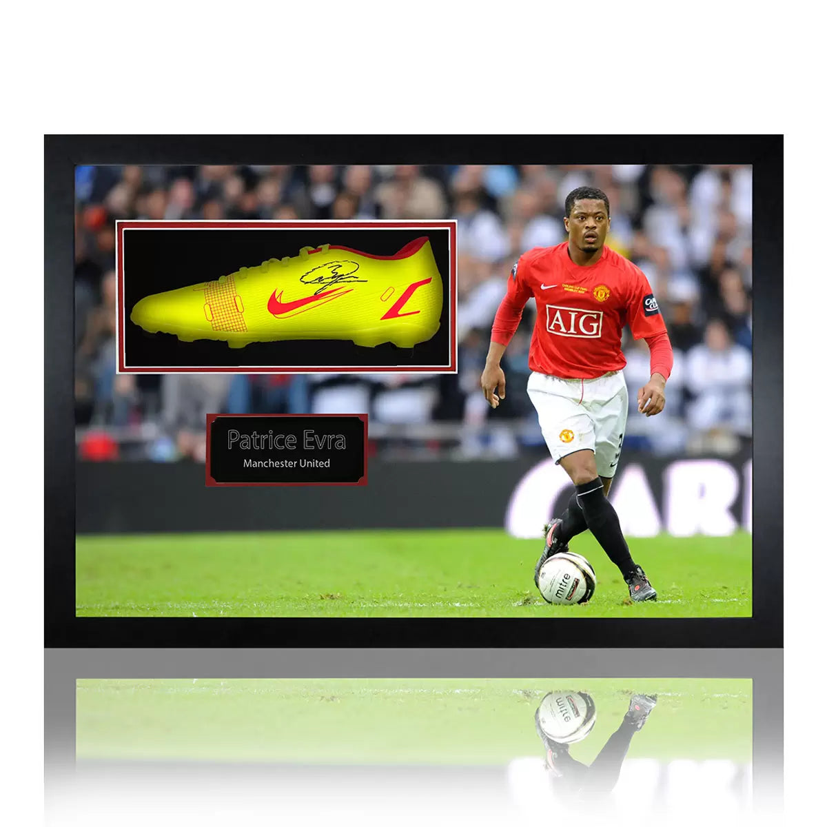 A single Manchester United football boot autographed by Patrice Evra, securely mounted in a professional wooden frame with an etched identification plaque.