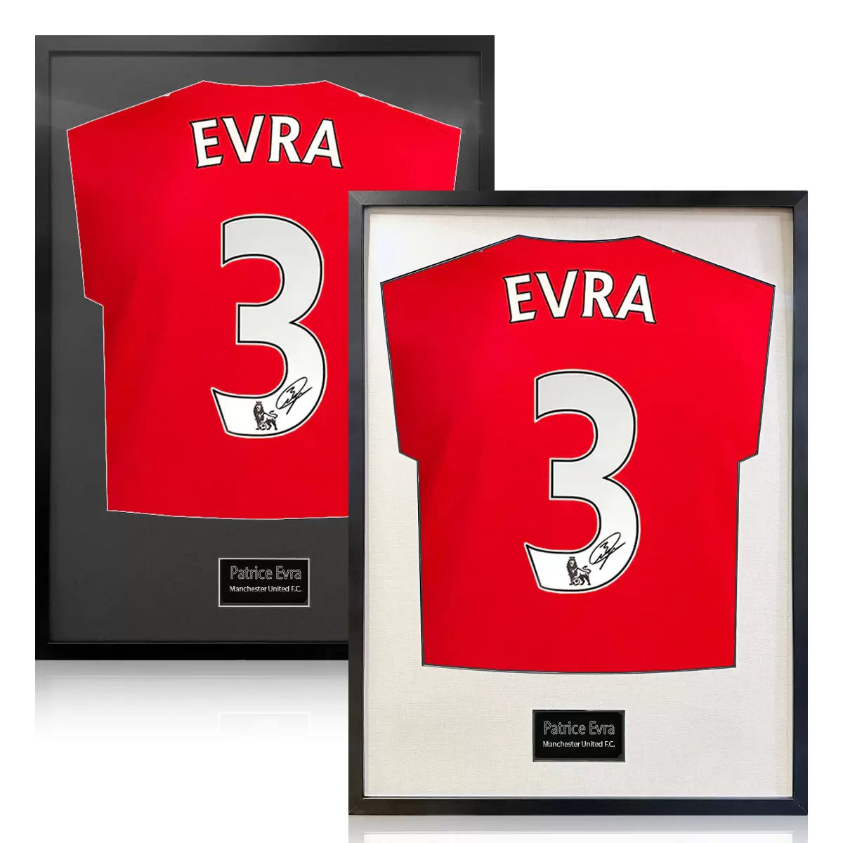 A professionally framed Manchester United football shirt signed by Patrice Evra, centered within a deep-set frame featuring a crisp white mount board against a neutral wall.