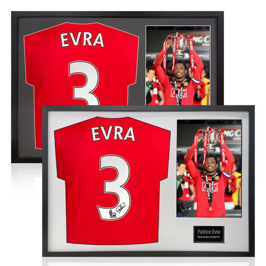 A professionally framed Manchester United jersey signed by Patrice Evra, displayed alongside an action photograph within a black mount and high-clarity glass frame.