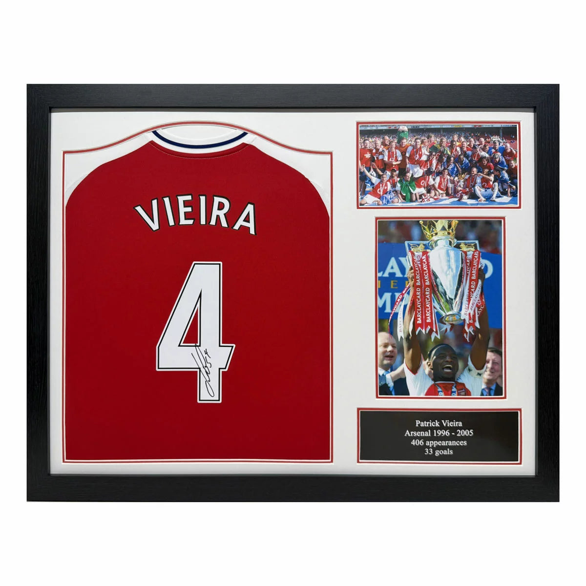 A professionally framed Arsenal football shirt autographed by Patrick Vieira, centered in a high-clarity exhibition display case.