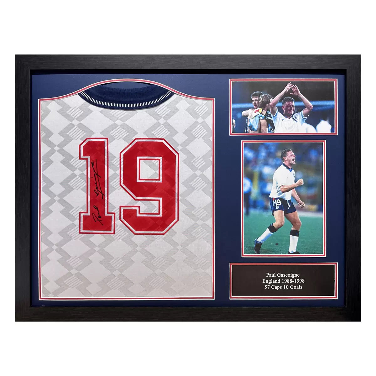 A professionally framed 1990 England World Cup retro football shirt signed by Paul Gascoigne, centered in a high-clarity studio display.
