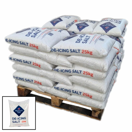 A professional pallet stack of 40 Peacock De-Icing Salt 25kg bags stored in a clean warehouse environment.