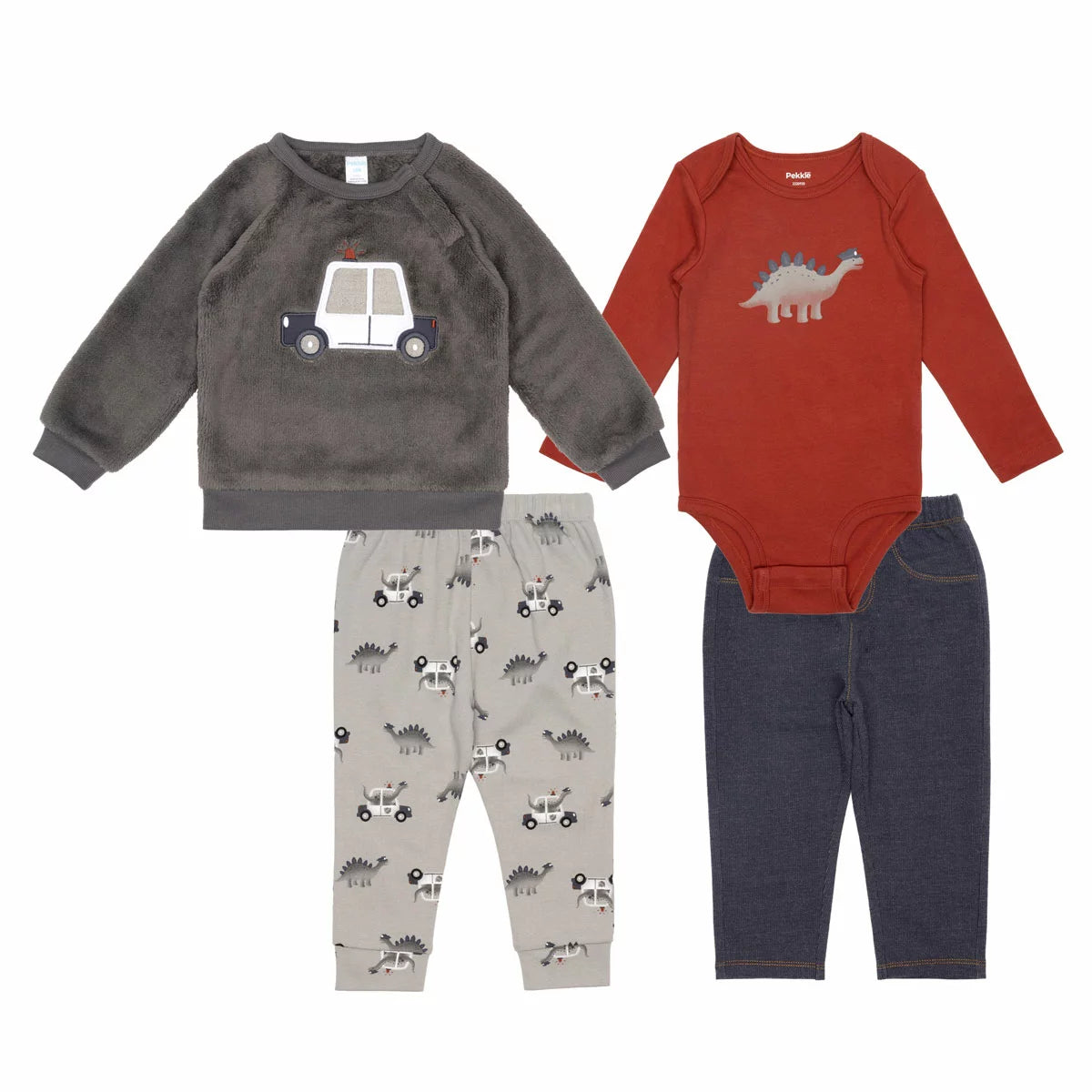 Pekkle Plush Infant 4 Piece Set in cozy brown showing the embroidered plush top, cotton bodysuit, and coordinating pants laid flat.