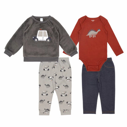 Pekkle Plush Infant 4 Piece Set in cozy brown showing the embroidered plush top, cotton bodysuit, and coordinating pants laid flat.