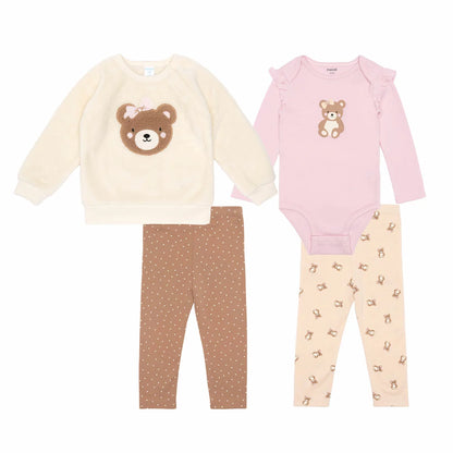 Pekkle Plush Infant 4 Piece Set in cozy brown showing the embroidered plush top, cotton bodysuit, and coordinating pants laid flat.