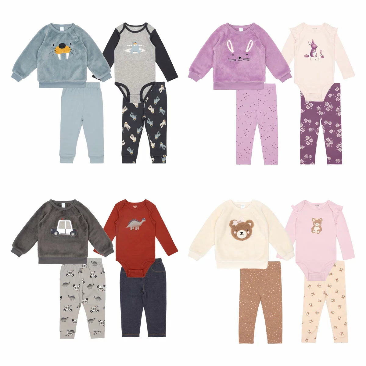 Pekkle Plush Infant 4 Piece Set in cozy brown showing the embroidered plush top, cotton bodysuit, and coordinating pants laid flat.