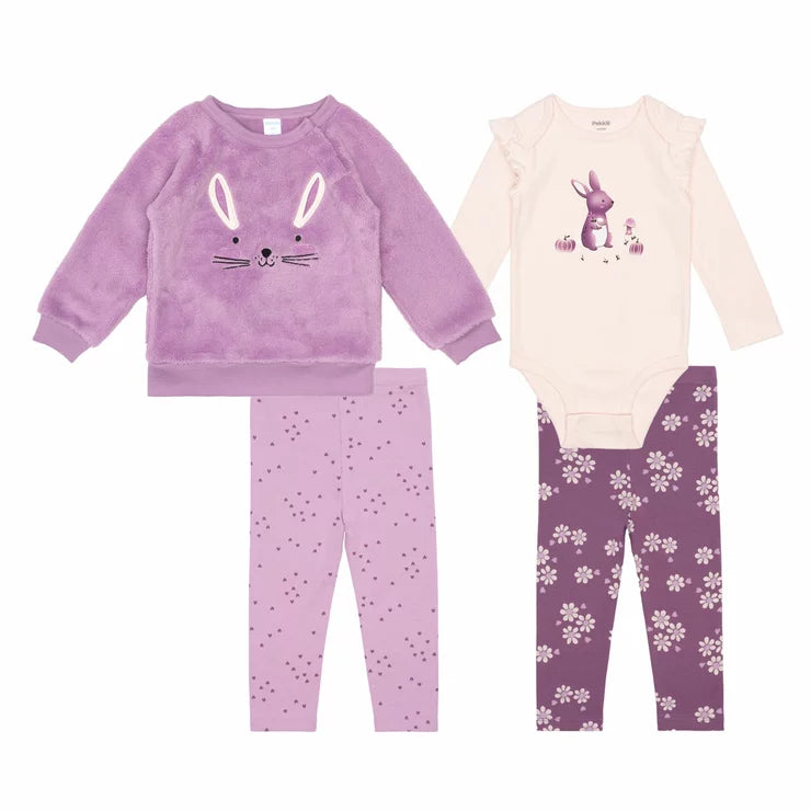 Pekkle Plush Infant 4 Piece Set in cozy brown showing the embroidered plush top, cotton bodysuit, and coordinating pants laid flat.