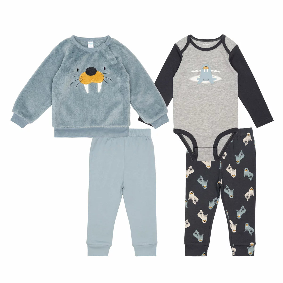 Pekkle Plush Infant 4 Piece Set in cozy brown showing the embroidered plush top, cotton bodysuit, and coordinating pants laid flat.