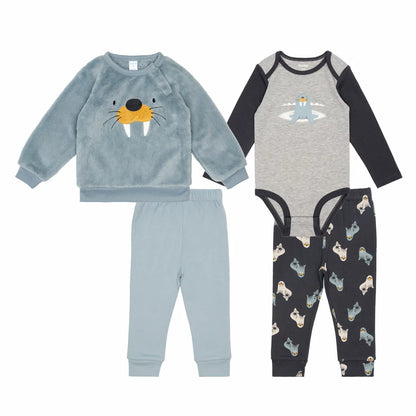 Pekkle Plush Infant 4 Piece Set in cozy brown showing the embroidered plush top, cotton bodysuit, and coordinating pants laid flat.