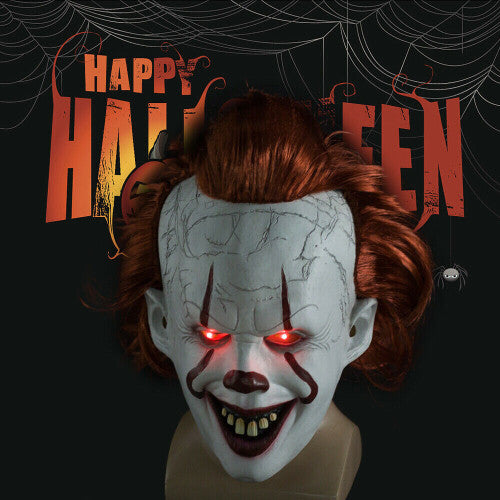 Front view of the Pennywise LED scary clown latex mask featuring realistic painted facial details, soft alpaca hair wig, and illuminated horror accents