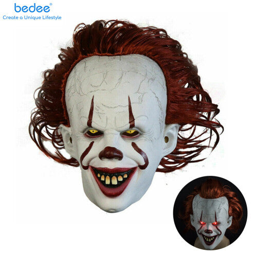 Front view of the Pennywise LED scary clown latex mask featuring realistic painted facial details, soft alpaca hair wig, and illuminated horror accents