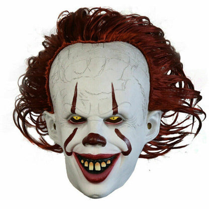 Front view of the Pennywise LED scary clown latex mask featuring realistic painted facial details, soft alpaca hair wig, and illuminated horror accentsw