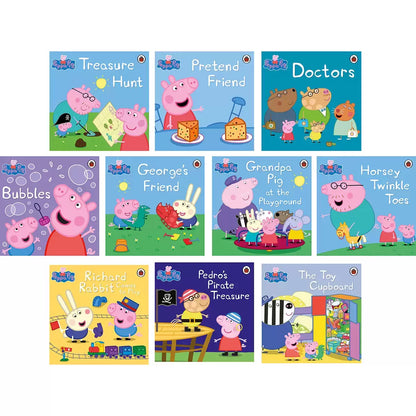 Front view of the ten Peppa Pig paperback picture books arranged neatly in a fan array against a clean white backdrop.