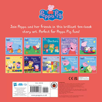 Front view of the ten Peppa Pig paperback picture books arranged neatly in a fan array against a clean white backdrop.