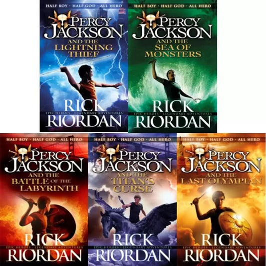 Five Percy Jackson paperback books by Rick Riordan stacked together upright showing colorful illustrated spine art and covers.
