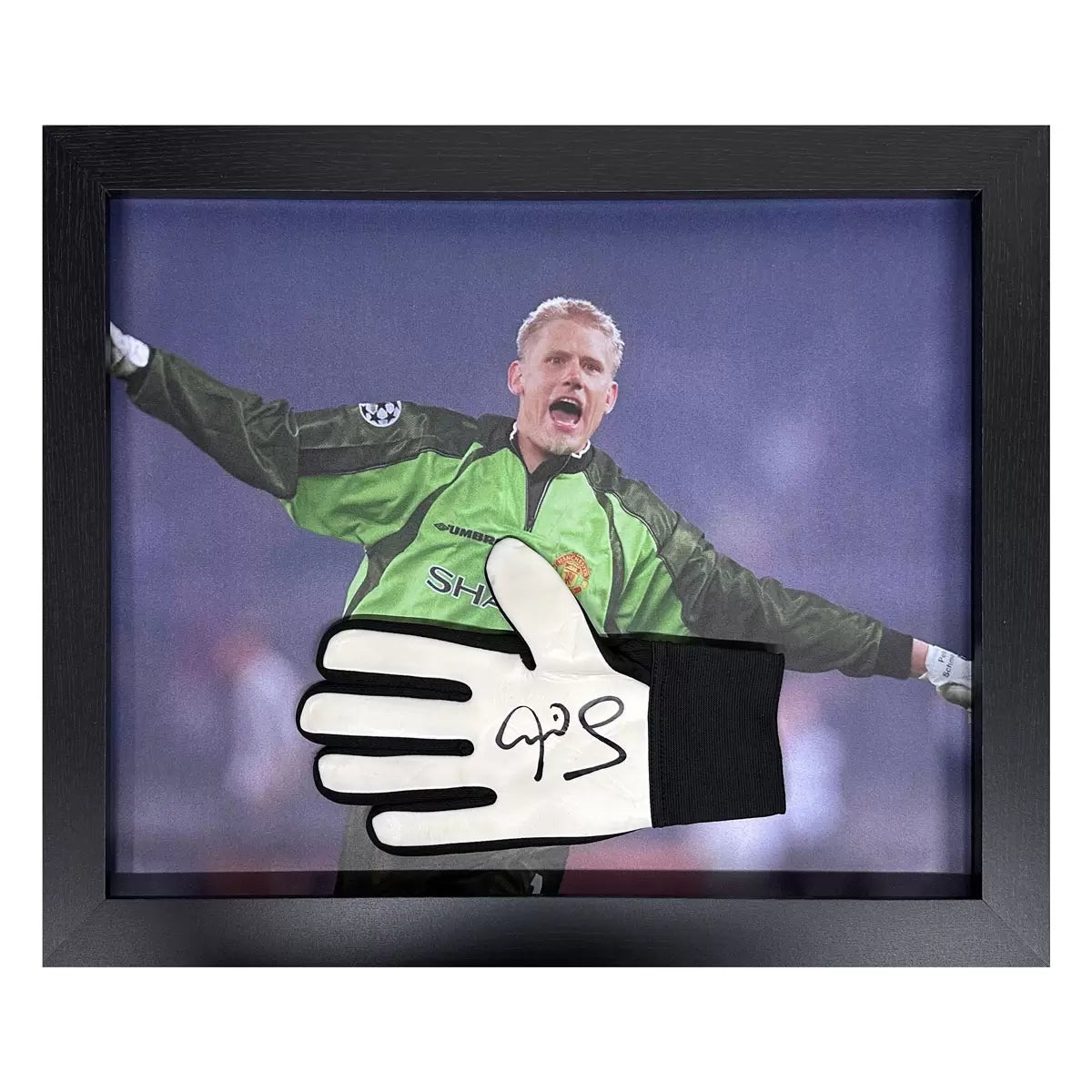 A professionally framed Peter Schmeichel goalkeeper glove featuring a clear autograph and photographic proof of the athlete signing the item.
