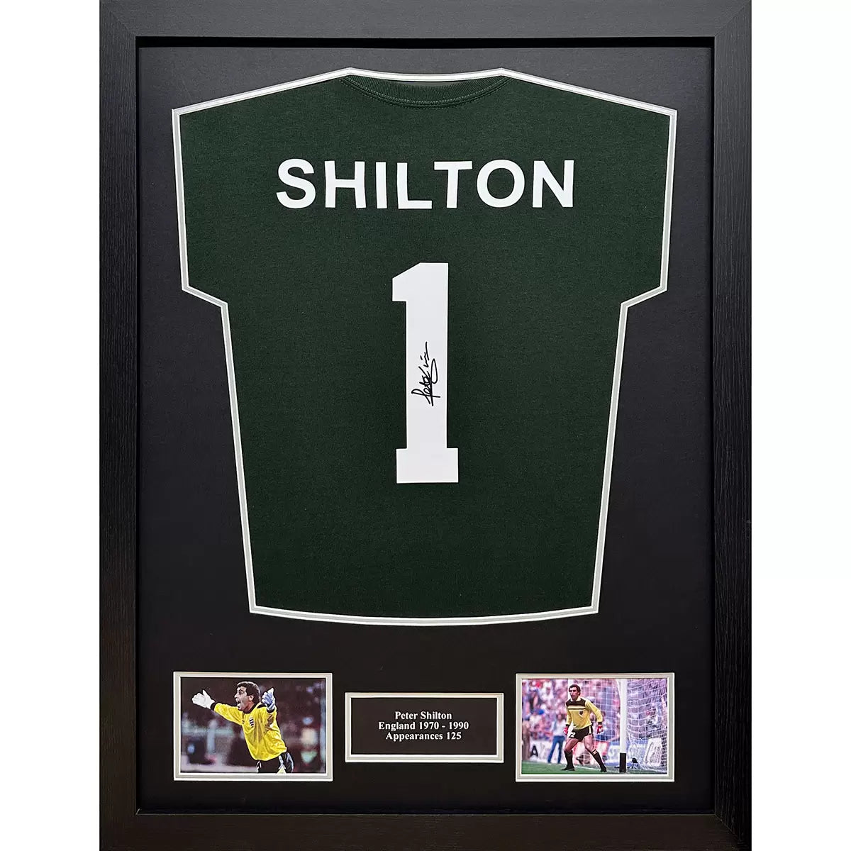A professionally framed retro England goalkeeper shirt hand-signed by Peter Shilton, showcased in a sleek, dark-wood frame against a neutral background.