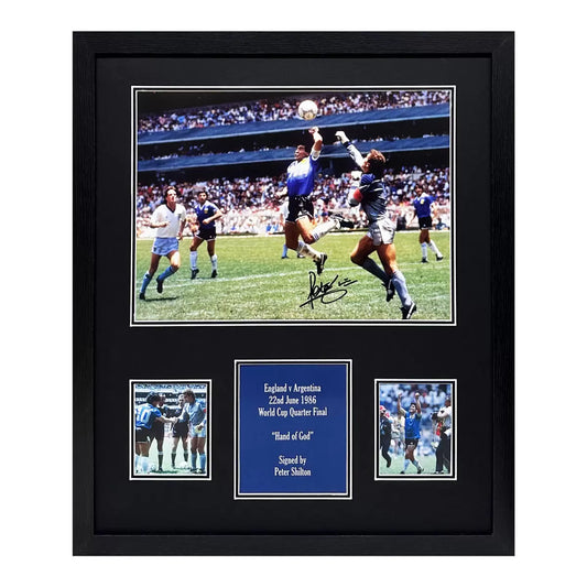 Peter Shilton signed framed Hand of God football photograph memorabilia display