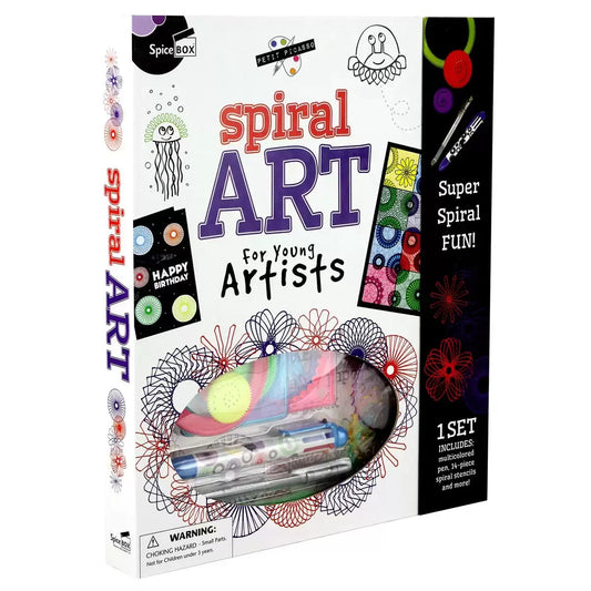 Open Petit Picasso Spiral Art box set showing colorful geometric spiral drawings alongside stencil wheels, multi-color pen, and project booklet.