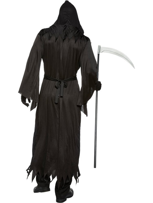 Full-length Phantom of Darkness adult costume featuring a black tattered hooded robe and face-concealing black veil against a neutral studio backdrop.