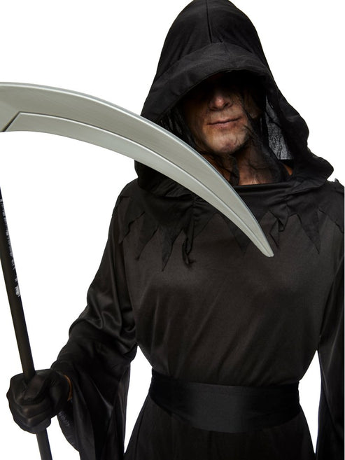 Full-length Phantom of Darkness adult costume featuring a black tattered hooded robe and face-concealing black veil against a neutral studio backdrop.