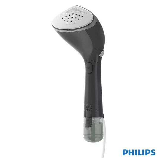 Handheld dark grey Philips 7000 Series Garment Steamer showing its adjustable angled steam head with gold accents resting beside its travel pouch.