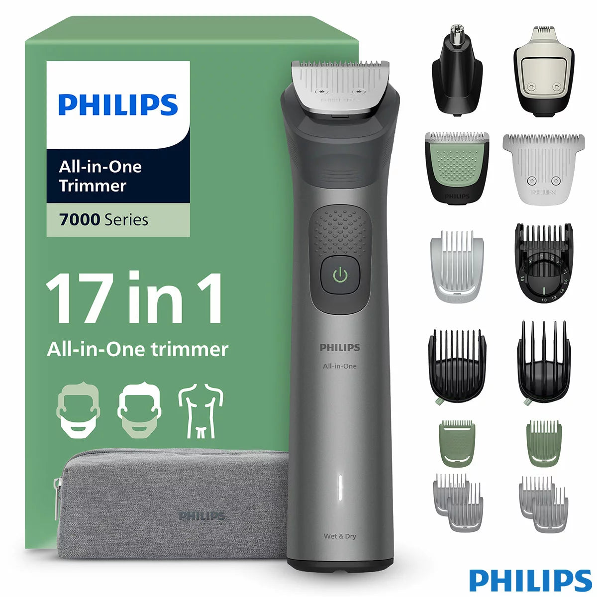 Philips 7000 Series 17-in-1 trimmer handle displayed alongside its full set of attachments, including precision combs and specialized body blades on a neutral background.