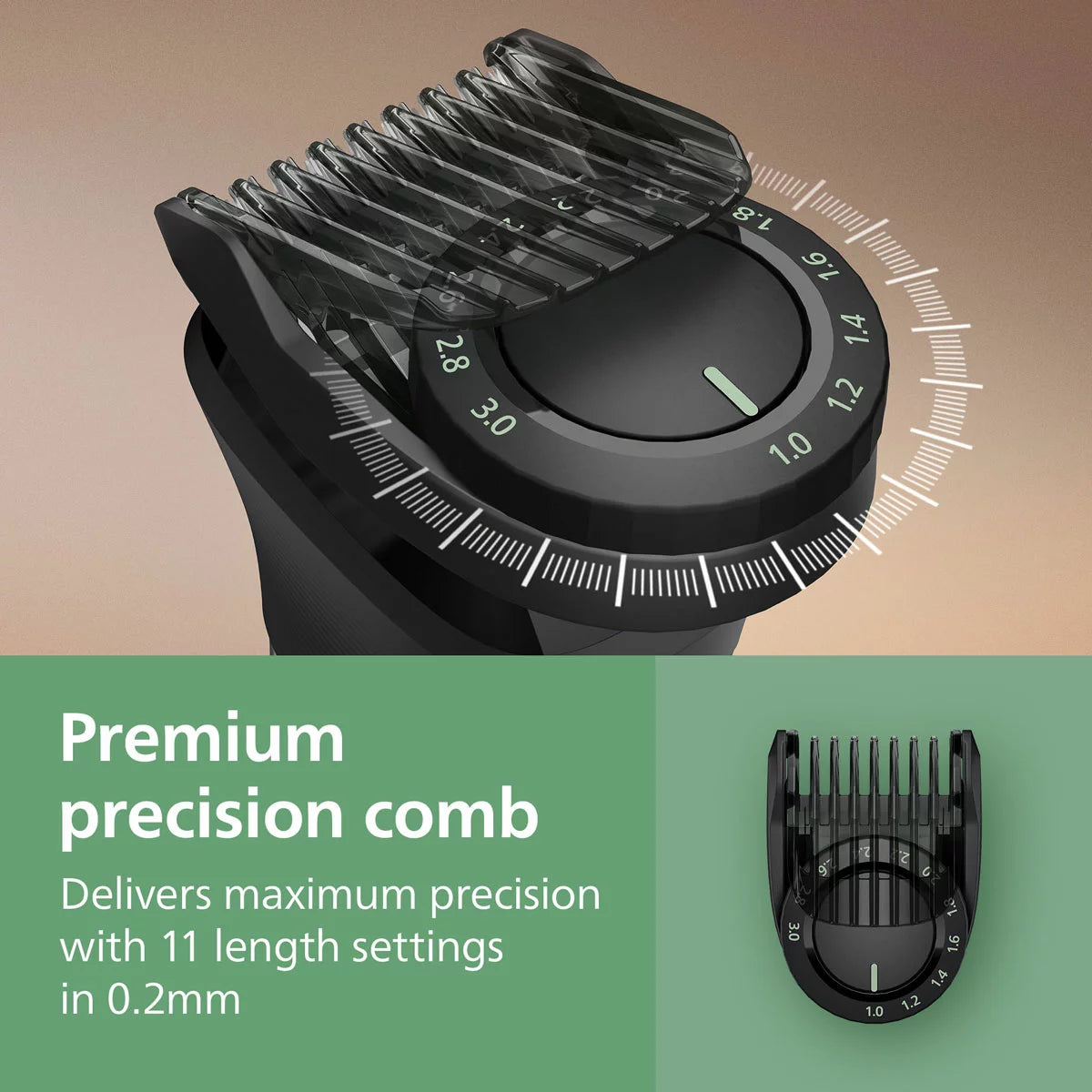 Philips 7000 Series 17-in-1 trimmer handle displayed alongside its full set of attachments, including precision combs and specialized body blades on a neutral background.