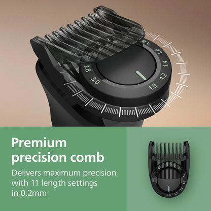 Philips 7000 Series 17-in-1 trimmer handle displayed alongside its full set of attachments, including precision combs and specialized body blades on a neutral background.