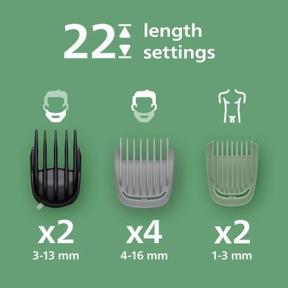 Philips 7000 Series 17-in-1 trimmer handle displayed alongside its full set of attachments, including precision combs and specialized body blades on a neutral background.