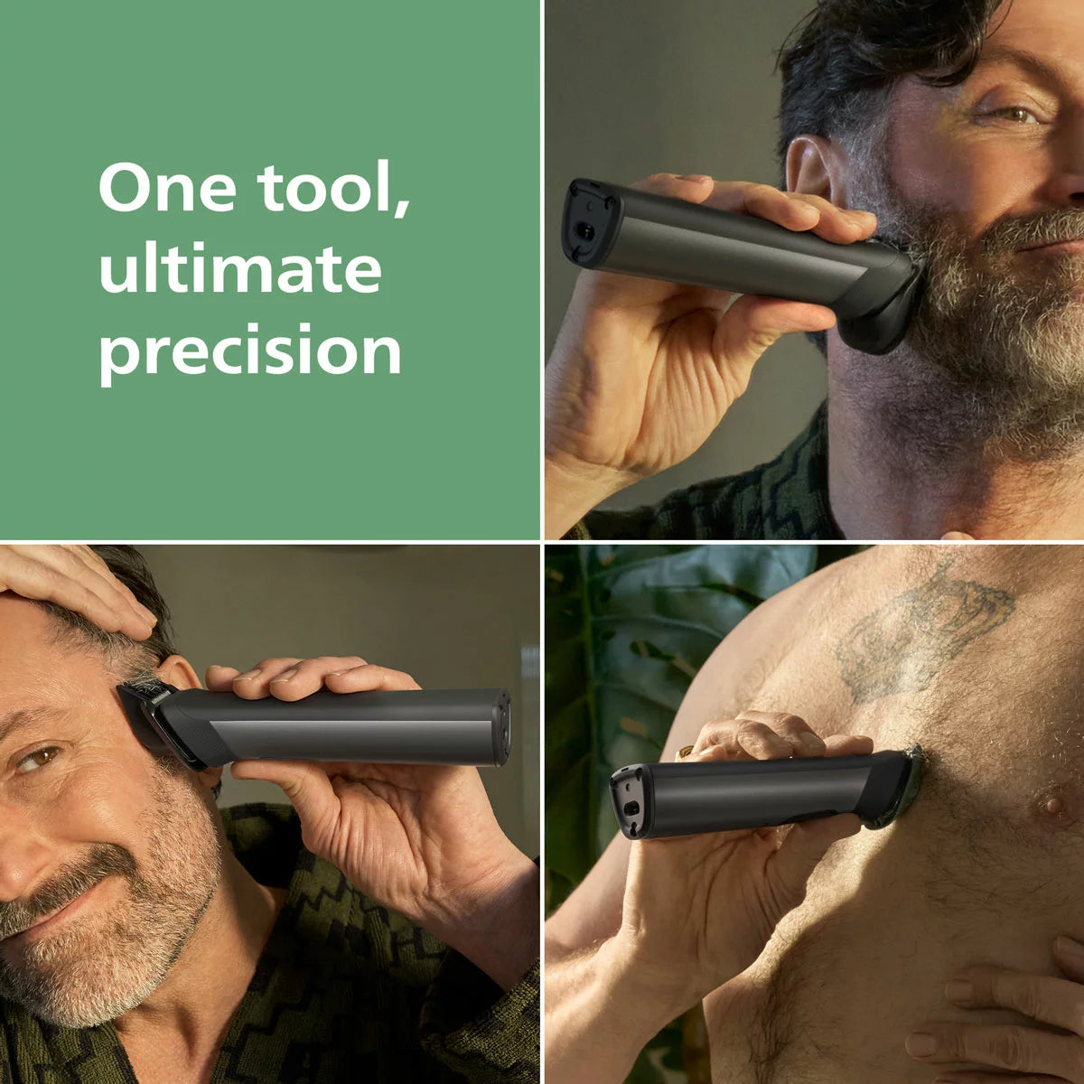 Philips 7000 Series 17-in-1 trimmer handle displayed alongside its full set of attachments, including precision combs and specialized body blades on a neutral background.