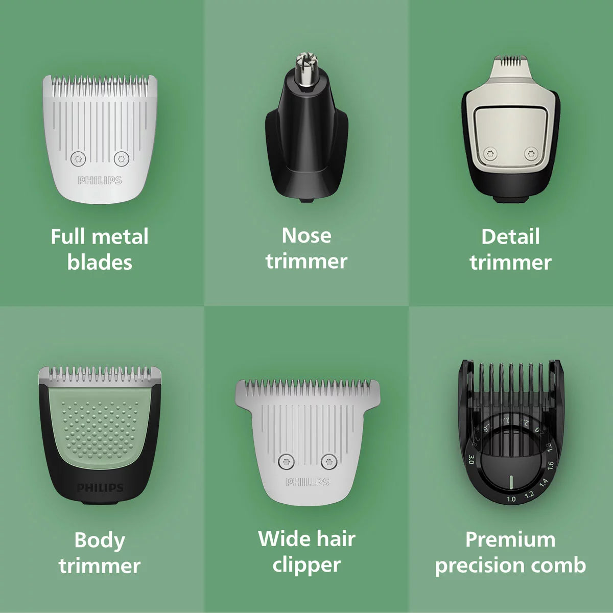 Philips 7000 Series 17-in-1 trimmer handle displayed alongside its full set of attachments, including precision combs and specialized body blades on a neutral background.