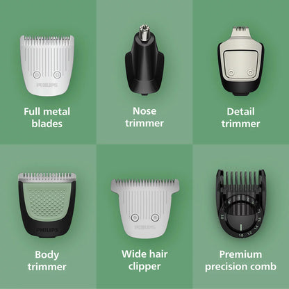 Philips 7000 Series 17-in-1 trimmer handle displayed alongside its full set of attachments, including precision combs and specialized body blades on a neutral background.