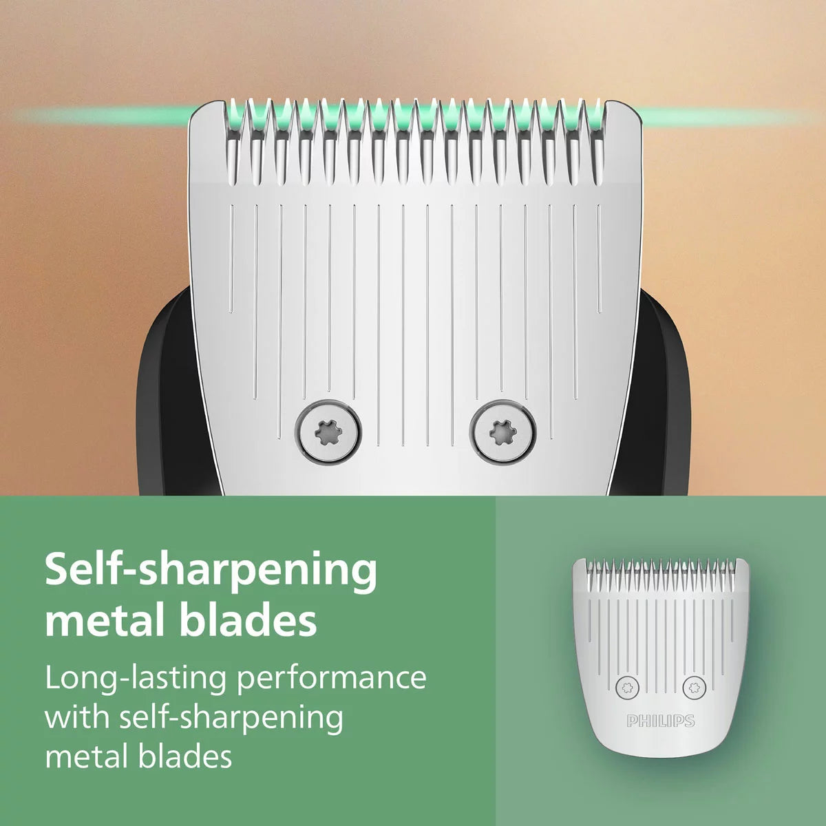 Philips 7000 Series 17-in-1 trimmer handle displayed alongside its full set of attachments, including precision combs and specialized body blades on a neutral background.