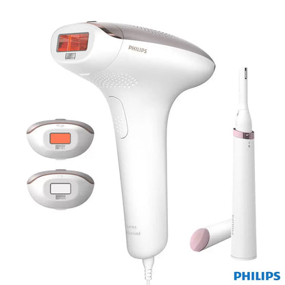 Philips Lumea Advanced IPL device in white and rose gold, displayed alongside its three precision attachments and the included Satin compact pen trimmer.