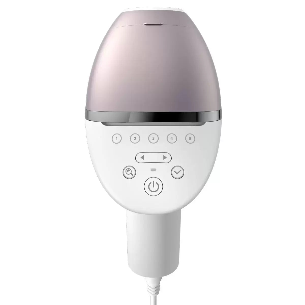 The Philips Lumea Prestige IPL device in a sleek white finish resting next to its four specialized treatment attachments and storage pouch on a clean, modern vanity surface.